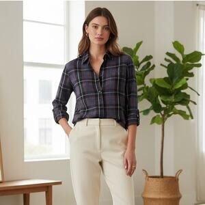 Jenni Kayne Silk Button up Blouse Maroon Blue Plaid Size XS